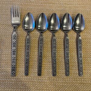 Vintage NIGHT BLOSSOM  Stainless GOLD STANDARD Teaspoons (5) and Fork (1)